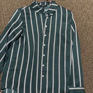 green black and white striped button down